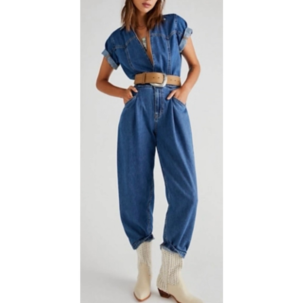 Free People Blue Denim Short-Sleeve Utility Jumpsuit
